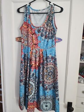 Sleeveless Blue Mosaic Print Summer Dress